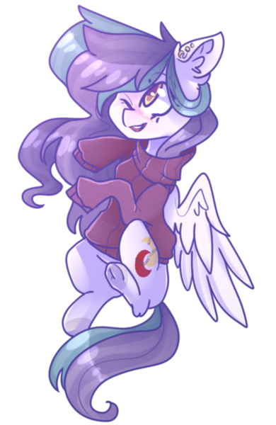 Size: 400x615 | Tagged: safe, artist:emily-826, derpibooru import, oc, oc:yellow light, unofficial characters only, pegasus, pony, clothes, ear fluff, female, floating, happy, mare, one eye closed, open mouth, simple background, solo, spread wings, sweater, transparent background, wings, wink