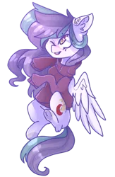 Size: 400x615 | Tagged: safe, artist:emily-826, derpibooru import, oc, oc:yellow light, unofficial characters only, pegasus, pony, clothes, ear fluff, female, floating, happy, mare, one eye closed, open mouth, simple background, solo, spread wings, sweater, transparent background, wings, wink