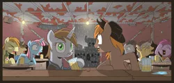Size: 3400x1635 | Tagged: safe, artist:wandrevieira1994, derpibooru import, oc, oc:calamity, oc:littlepip, unofficial characters only, earth pony, pegasus, pony, unicorn, fallout equestria, fanfic, apple cider, bar, bottlecap, cider, city, clothes, eyes closed, fanfic art, female, hat, hooves, horn, joke, laughing, male, mare, mug, new appleloosa, one eye closed, open mouth, pipbuck, rain, stallion, tankard, tavern, tongue out, vault suit, wings