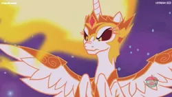 Size: 1076x605 | Tagged: safe, derpibooru import, screencap, daybreaker, pony, a royal problem, corrupted, evil, female, mane of fire, mare, solo, spread wings, wings