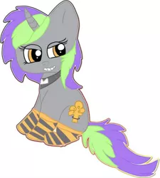 Size: 1171x1302 | Tagged: artist needed, safe, derpibooru import, oc, oc:frenzy nuke, unofficial characters only, pony, unicorn, clothes, collar, simple background, smug, socks, solo, striped socks, white background