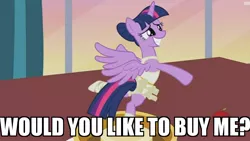 Size: 1280x720 | Tagged: safe, derpibooru import, edit, edited screencap, screencap, twilight sparkle, twilight sparkle (alicorn), alicorn, pony, a royal problem, ballerina, bronybait, clothes, cute, grin, image macro, leggings, lycra, meme, music box, skirt, smiling, solo, tutu, twilarina, twilight stalker, upskirt