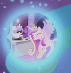 Size: 356x364 | Tagged: safe, derpibooru import, screencap, princess cadance, princess flurry heart, pony, a royal problem, cropped, dancing, dj flurry heart, dream orbs, sunglasses