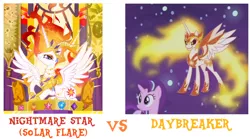 Size: 900x500 | Tagged: safe, derpibooru import, daybreaker, nightmare star, starlight glimmer, alicorn, pony, a royal problem, comparison, female, mare, two flaming sunponies, vs