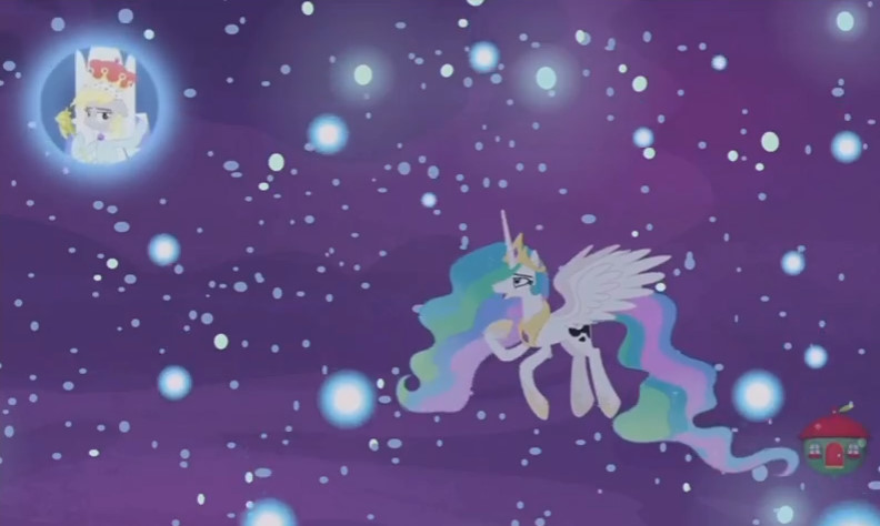 Size: 792x474 | Tagged: safe, derpibooru import, screencap, derpy hooves, princess celestia, alicorn, pony, a royal problem, dream orbs, dream realm, dream walker celestia, female, mare, princess derpy, queen derpy, scepter, twilight scepter, underp