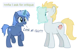 Size: 8192x5266 | Tagged: safe, artist:djdavid98, derpibooru import, oc, oc:double colon, oc:star farer, unofficial characters only, earth pony, pony, unicorn, absurd resolution, excited, greentext, image, jumping, magic, paper, png, simple background, text, transparent background, vector