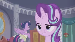 Size: 1232x690 | Tagged: safe, derpibooru import, screencap, starlight glimmer, twilight sparkle, twilight sparkle (alicorn), alicorn, pony, a royal problem, ballerina, clothes, cute, hair bun, leotard, music box, skirt, starlight is not amused, tutu, twilarina, twilight stalker, unamused, upskirt