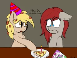 Size: 1600x1200 | Tagged: artist:eclipsepenumbra, birthday, birthday candles, birthday gift, derpibooru import, dialogue, food, food pony, hat, implied cannibalism, oc, oc:peetzer, oc:ponepony, original species, party hat, pizza, pizza cake, pizza pony, safe, unofficial characters only