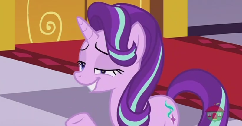 Size: 860x449 | Tagged: safe, derpibooru import, screencap, starlight glimmer, pony, unicorn, a royal problem, canterlot castle, carpet, cutie mark, derp, faic, female, grin, hair flip, horn, lidded eyes, raised hoof, smiling, solo, treehouse logo, watermark