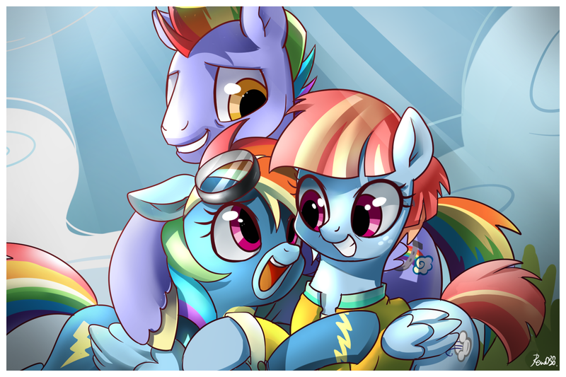 Size: 1772x1181 | Tagged: safe, artist:renokim, derpibooru import, bow hothoof, rainbow dash, windy whistles, pegasus, pony, backwards cutie mark, clothes, cute, dashabetes, family, father and daughter, female, floppy ears, goggles, male, mare, mother and daughter, open mouth, rainbow dash's parents, smiling, stallion, that was fast, uniform, windybetes, windyhoof, wonderbolts uniform