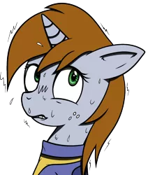 Size: 820x968 | Tagged: safe, artist:wellfugzee, derpibooru import, oc, oc:littlepip, unofficial characters only, pony, unicorn, fallout equestria, fanfic, bust, clothes, fanfic art, female, freckles, horn, mare, portrait, simple background, solo, sweat, teeth, transparent background, uncomfortable, vault suit