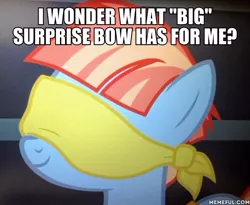 Size: 600x491 | Tagged: suggestive, derpibooru import, edit, edited screencap, screencap, windy whistles, pony, parental glideance, blindfold, cropped, image macro, meme, solo