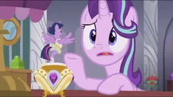 Size: 1366x768 | Tagged: safe, derpibooru import, screencap, starlight glimmer, twilight sparkle, twilight sparkle (alicorn), alicorn, pony, a royal problem, backbend, ballerina, clothes, dancing, micro, music box, tutu, twilarina