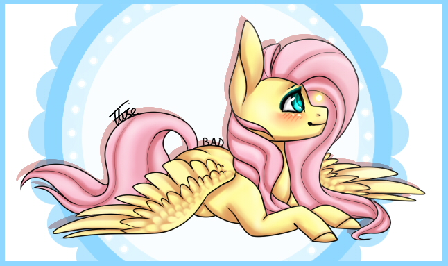 Size: 646x383 | Tagged: safe, artist:blitsazalisdash, artist:inspiredpixels, derpibooru import, fluttershy, pony, blushing, prone, solo