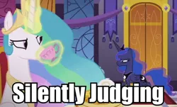 Size: 960x580 | Tagged: safe, derpibooru import, edit, edited screencap, screencap, princess celestia, princess luna, alicorn, pony, a royal problem, female, food, glowing horn, image macro, judging, judging you, magic, mare, meme, pancakes, reaction image, tea, telekinesis