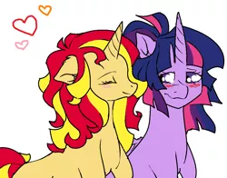 Size: 1024x802 | Tagged: safe, artist:pinkphloyd, derpibooru import, sunset shimmer, twilight sparkle, twilight sparkle (alicorn), alicorn, pony, unicorn, alternate hairstyle, blushing, eyes closed, female, heart, lesbian, mare, shipping, simple background, story in the source, story included, sunsetsparkle