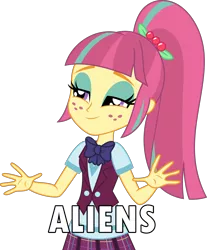 Size: 3000x3618 | Tagged: safe, derpibooru import, sour sweet, alien, equestria girls, ancient aliens, giorgio a. tsoukalos, meme, simple background, solo, transparent background