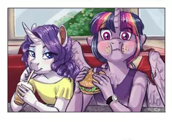 Size: 900x729 | Tagged: safe, artist:earthsong9405, deleted from derpibooru, derpibooru import, rarity, twilight sparkle, twilight sparkle (alicorn), alicorn, anthro, unicorn, blushing, burger, chest fluff, clothes, diner, eating, female, food, hay burger, implied lesbian, implied rarilight, implied shipping, lesbian, looking at you, rarilight, ring, shipping, smiling, smoothie, twilight burgkle, watch