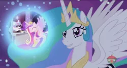 Size: 1366x736 | Tagged: safe, derpibooru import, screencap, princess cadance, princess celestia, princess flurry heart, alicorn, pony, a royal problem, dj flurry heart, dream orbs, dream realm, dream walker celestia, dreamscape, female, mare