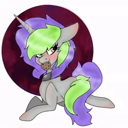 Size: 738x738 | Tagged: safe, artist:maydeathdousapart, derpibooru import, oc, oc:frenzy nuke, unofficial characters only, pony, unicorn, base used, blushing, collar, cookie, digital art, food, lying down, simple background, solo, white background
