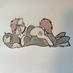 Size: 640x635 | Tagged: suggestive, artist:xenia, derpibooru import, oc, oc:frenzy nuke, oc:xenia, unofficial characters only, earth pony, pony, unicorn, blushing, collar, female, kissing, lesbian, lying down, mare, mare on mare, on back