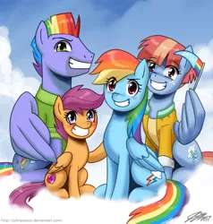 Size: 900x947 | Tagged: safe, artist:johnjoseco, derpibooru import, bow hothoof, rainbow dash, scootaloo, windy whistles, pegasus, pony, awkward smile, blushing, clothes, cloud, cute, cutealoo, dashabetes, eye clipping through hair, family, female, filly, grin, looking at you, male, mare, pennant, rainbow dash's parents, scootalove, shirt, sky, smiling, smirk, spread wings, squee, stallion, windyhoof, wing hands, wings