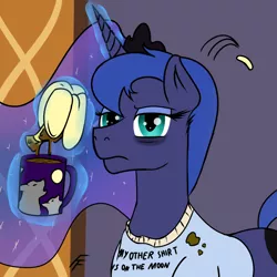 Size: 1200x1200 | Tagged: safe, artist:frecklesfanatic, derpibooru import, princess luna, pony, a royal problem, bags under eyes, banana, banana peel, clothes, coffee, coffee mug, food, majestic as fuck, morning ponies, mug, shirt, solo, three wolf moon, tired