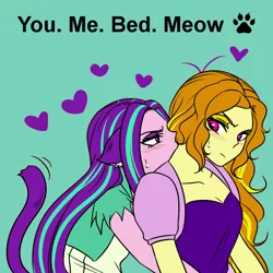 Size: 1000x1000 | Tagged: safe, artist:raika0306, derpibooru import, edit, adagio dazzle, aria blaze, equestria girls, rainbow rocks, adaria, animal ears, blushing, cat ears, cat tail, catgirl, clothes, female, floppy ears, heart, lesbian, looking back, nibbling, shipping, simple background, spoken heart, tail, text, you. me. x. now.