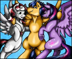 Size: 3540x2874 | Tagged: safe, artist:stormblaze-pegasus, derpibooru import, flash sentry, twilight sparkle, twilight sparkle (alicorn), oc, oc:bridle timeout, alicorn, pegasus, pony, bisexual, canon x oc, commission, female, flash sentry gets all the mares, flashlight, lesbian, male, mare, polyamory, shipping, smiling, stallion, straight, trio