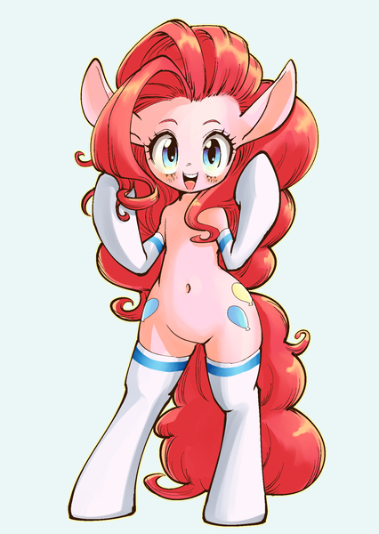 Size: 1447x2039 | Tagged: safe, artist:unousaya, derpibooru import, pinkie pie, pony, semi-anthro, :d, big hair, bipedal, both cutie marks, clothes, cute, diapinkes, donkey ears, female, happy, human facial structure, long ears, looking at you, mare, raised arm, simple background, smiling, socks, solo, thigh highs