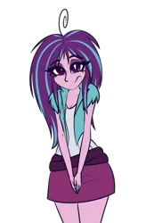 Size: 616x889 | Tagged: safe, artist:mayde-m, deleted from derpibooru, derpibooru import, aria blaze, equestria girls, alternate hairstyle, ariabetes, belt, clothes, cute, female, looking at you, loose hair, moe, simple background, skirt, smiling, solo, white background