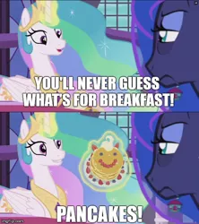 Size: 500x563 | Tagged: safe, derpibooru import, edit, edited screencap, screencap, princess celestia, princess luna, alicorn, pony, a royal problem, bags under eyes, female, food, image macro, luna is not amused, mare, meme, pancakes, reference, the powerpuff girls