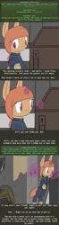 Size: 500x1886 | Tagged: safe, artist:erthilo, derpibooru import, oc, oc:sierra scorch, unofficial characters only, pony, robot, unicorn, fallout equestria, clothes, comic, cyoa, fallout, female, long ears, magic, mare, solo, stablequest, text