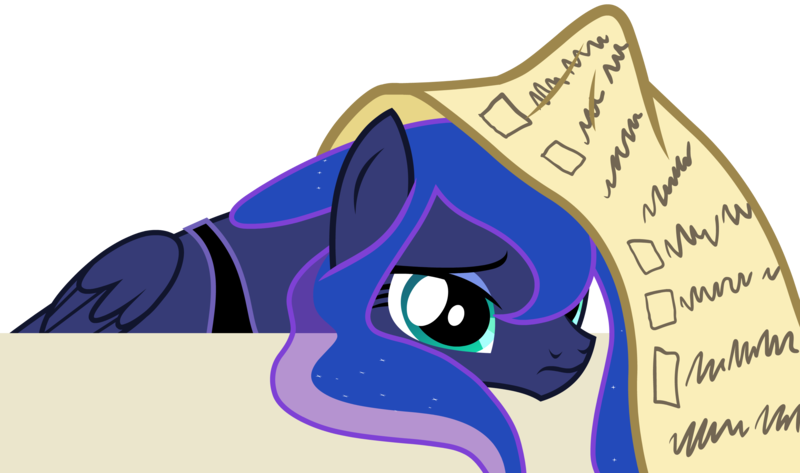 Size: 3000x1772 | Tagged: safe, artist:askometa, derpibooru import, princess luna, alicorn, pony, a royal problem, cute, female, list, luna is not amused, lunabetes, mare, sad, sadorable, scroll, simple background, solo, transparent background, unamused, vector