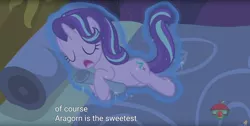 Size: 1920x970 | Tagged: safe, derpibooru import, screencap, starlight glimmer, pony, a royal problem, aragorn, cute, implied shipping, lord of the rings, meme, sleeping, solo, youtube caption