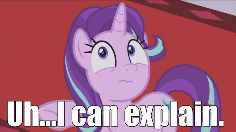 Size: 1366x768 | Tagged: safe, derpibooru import, screencap, starlight glimmer, pony, unicorn, a royal problem, 3:, canterlot castle, carpet, expression, female, frown, i can explain, image macro, looking at you, mare, meme, oops, prehibernation week, raised hoof, red carpet, solo, spongebob squarepants, treehouse logo, uhh i can explain, underhoof, wide eyes