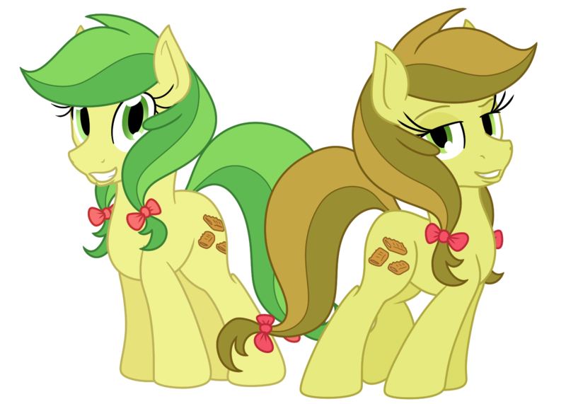 Size: 1400x1000 | Tagged: safe, artist:tertonda, deleted from derpibooru, derpibooru import, apple fritter, apple strudely, earth pony, pony, apple family member, duo, female, grin, looking at you, mare, pigtails, simple background, smiling, transparent background