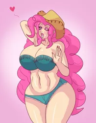 Size: 1175x1500 | Tagged: artist:annon, bimbo, bimbo pie, booty shorts, breasts, busty pinkie pie, cleavage, country pie, cowgirl, curvy, derpibooru import, female, hat, heart, human, humanized, one eye closed, pinkie pie, seductive look, seductive pose, sexy, solo, solo female, stupid sexy pinkie, suggestive, thighs, wide hips, wink
