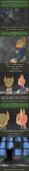 Size: 500x2906 | Tagged: safe, artist:erthilo, derpibooru import, oc, oc:sierra scorch, oc:wanderlust, unofficial characters only, pony, unicorn, fallout equestria, animated, clothes, cyoa, fallout, female, fog, gif, gun, long ears, magic, male, mare, stablequest, stallion, text, tied up, weapon
