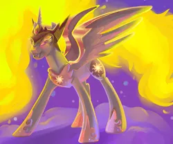 Size: 6000x5000 | Tagged: safe, artist:mylittlegodzilla, derpibooru import, daybreaker, alicorn, pony, a royal problem, absurd resolution, fangs, grin, mane of fire, smiling, solo, spread wings, wings