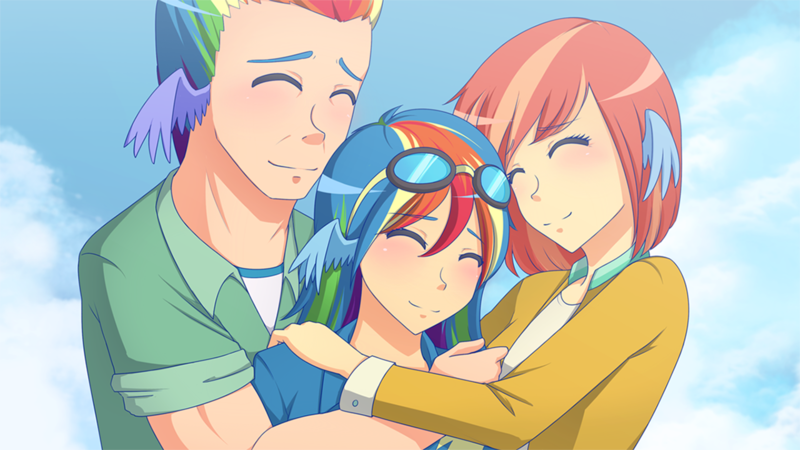 Size: 1280x720 | Tagged: safe, artist:jonfawkes, derpibooru import, bow hothoof, rainbow dash, windy whistles, human, parental glideance, bowabetes, clothes, cute, dashabetes, eyes closed, family, father and daughter, female, hug, humanized, male, mother and daughter, rainbow dash's parents, scene interpretation, smiling, windybetes, windyhoof, wing ears