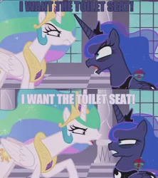 Size: 1280x1440 | Tagged: safe, derpibooru import, edit, edited screencap, screencap, princess celestia, princess luna, alicorn, pony, a royal problem, bags under eyes, female, image macro, mare, meme, screencap comic, toilet seat, two stupid dogs