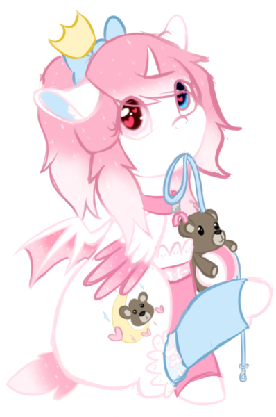 Size: 677x1020 | Tagged: safe, artist:otpl, artist:pastel-pony-princess, derpibooru import, teddy, oc, oc:dream star, unofficial characters only, pony, bow, collar, colored wings, colored wingtips, floating crown, floppy ears, hair bow, heart eyes, heterochromia, mouth hold, short tail, simple background, sitting, solo, sparkly mane, transparent background, warmers, wingding eyes