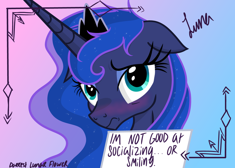 Size: 4823x3445 | Tagged: safe, artist:darkest-lunar-flower, derpibooru import, princess luna, alicorn, pony, a royal problem, absurd resolution, adorkable, blushing, bronybait, bust, cute, dork, embarrassed, female, floppy ears, frown, gradient background, lidded eyes, looking at you, lunabetes, mare, messy mane, pony shaming, portrait, sad, self deprecation, shaming, shy, sign, social anxiety, solo