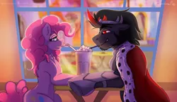 Size: 1175x680 | Tagged: safe, artist:tai-l-rodriguez, derpibooru import, king sombra, pinkie pie, earth pony, pony, unicorn, armor, cape, clothes, colored horn, curved horn, dating, drinking, duo, female, floppy ears, horn, lidded eyes, looking at each other, male, mare, milkshake, sharing a drink, shipping, smiling, sombra's horn, sombrapie, stallion, straight, sunset, table, window