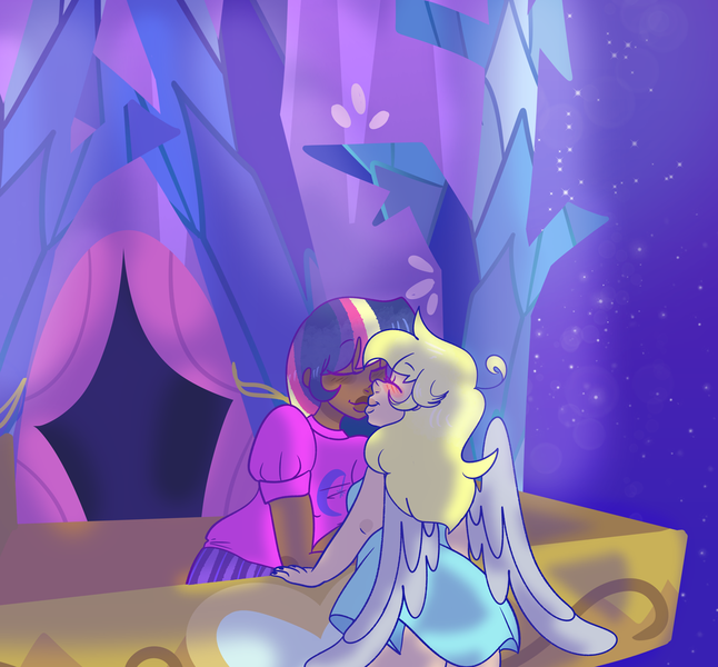 Size: 1024x951 | Tagged: artist:cubbybatdoodles, balcony, blushing, clothes, dark skin, derpibooru import, derpy hooves, dress, eyes closed, female, flying, human, humanized, kissing, lesbian, night, safe, shipping, shirt, stars, twerpy, twilight sparkle, winged humanization, wings