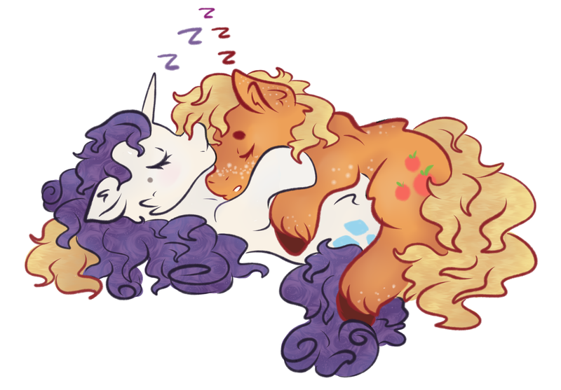 Size: 2893x2014 | Tagged: safe, artist:bewarethemusicman, derpibooru import, applejack, rarity, earth pony, pony, unicorn, alternate hairstyle, duo, eyes closed, female, freckles, lesbian, mare, rarijack, shipping, simple background, sleeping, unshorn fetlocks, white background, zzz