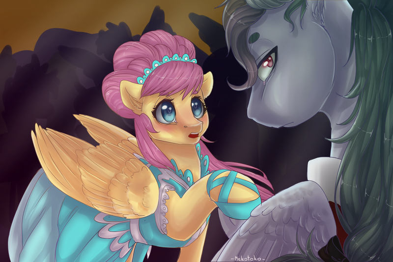 Size: 3000x2000 | Tagged: safe, artist:nekotoko, derpibooru import, fluttershy, rainbow dash, pony, the count of monte rainbow, clothes, crossover, edmond dantes, i know those eyes, looking back, mercedes, rainbow dantes, shycedes, the count of monte cristo, this man is dead