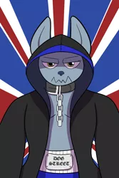 Size: 2000x3000 | Tagged: safe, artist:facade, derpibooru import, oc, oc:mia pennington, unofficial characters only, diamond dog, pony, chains, clothes, coat, collar, female, female diamond dog, hood, shorts, union jack