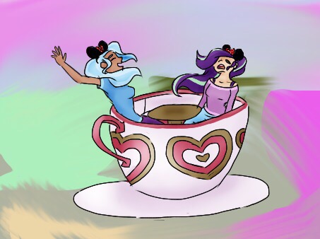 Size: 453x338 | Tagged: safe, artist:solarist97, derpibooru import, starlight glimmer, trixie, human, cup, disneyland, female, humanized, lesbian, shipping, startrix, teacup, that pony sure does love teacups